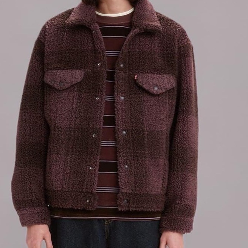 Levis Vintage Fit Sherpa Trucker Jacket Mens Large Purple Brown Plaid Fleece
